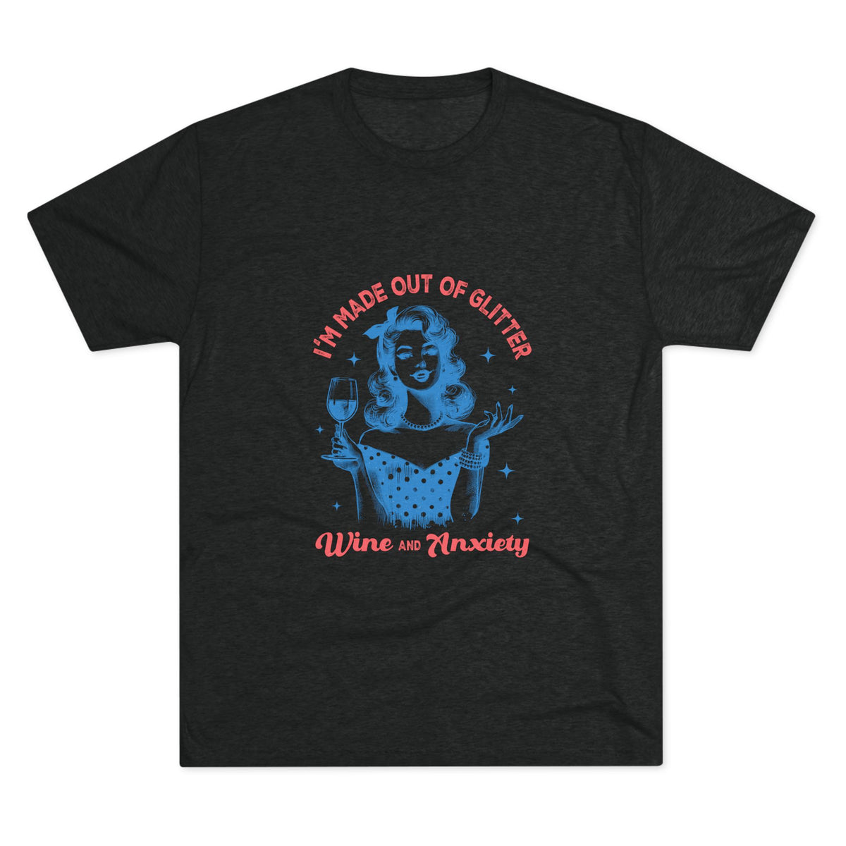 Black Printify graphic T shirt featuring a retro pinup woman holding a wine glass with blue and red text reading Im Made Out of Glitter Wine and Anxiety
