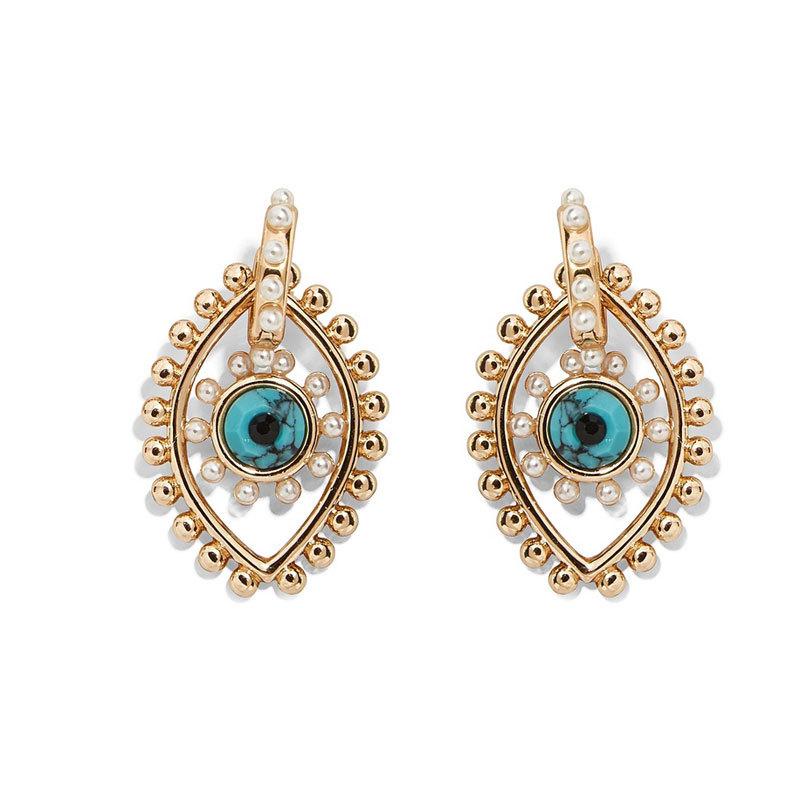 Gold plated teardrop earrings with pearl accents and turquoise center stones from Drizzle and Tizzle Jewelry