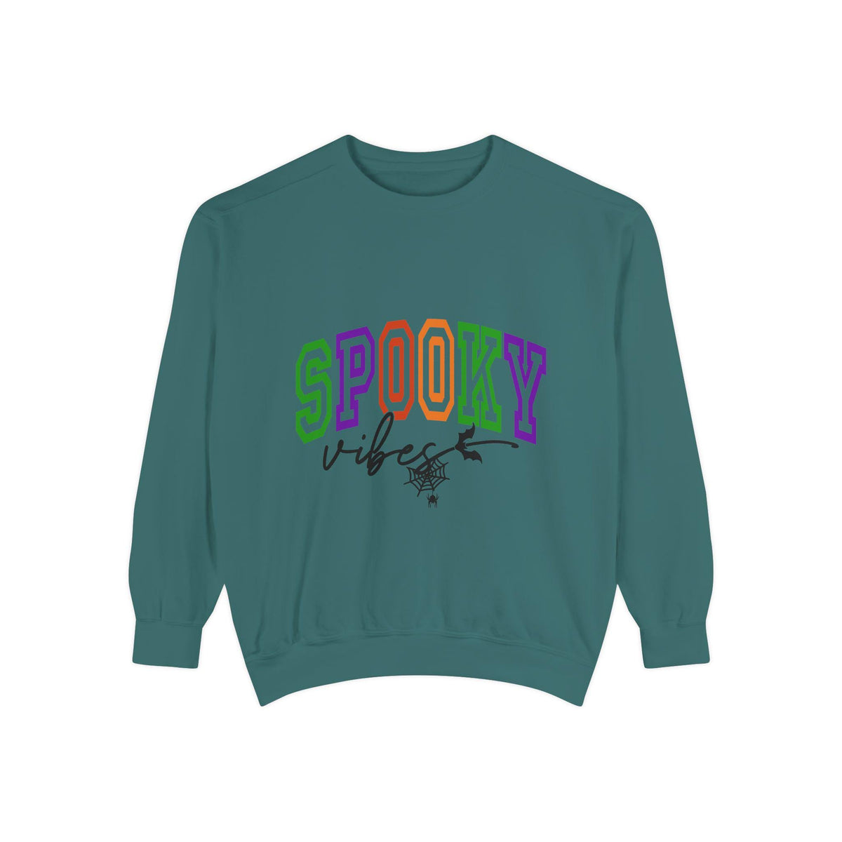 Teal crewneck sweatshirt with colorful SPOOKY lettering and a black witch hat and spider graphic for festive women's fashion apparel