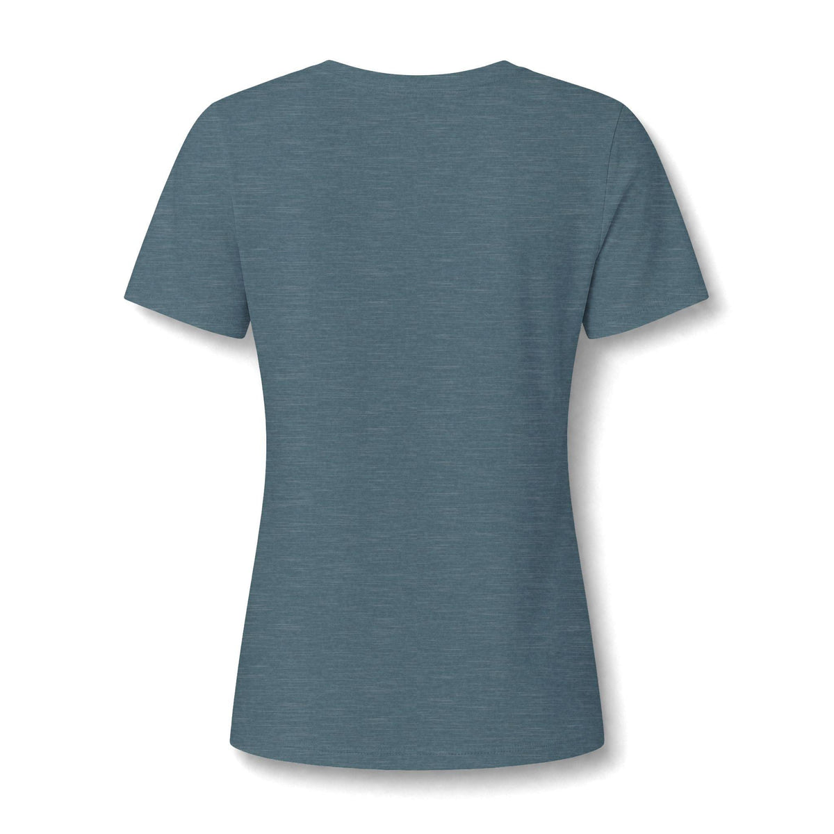 Back view of a soft heather blue women’s V neck tee with short sleeves and a relaxed fit from Drizzle and Tizzle for casual fashion outfits
