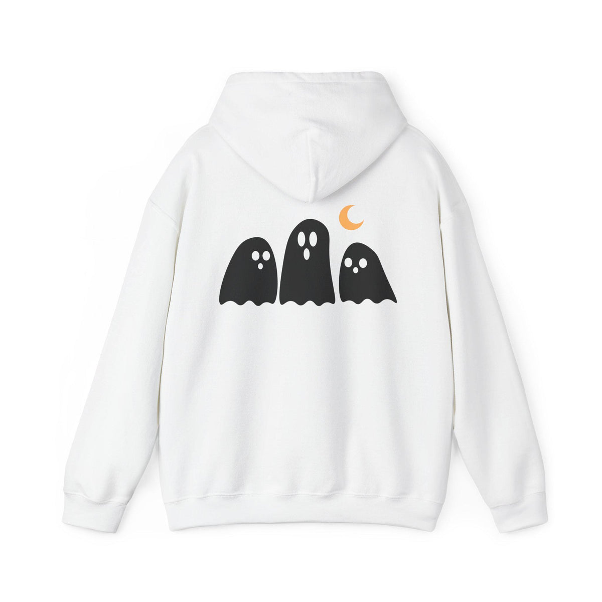 White hoodie back featuring three black ghost graphics and an orange crescent moon for spooky seasonal womens fashion by Drizzle and Tizzle from Spooky Season