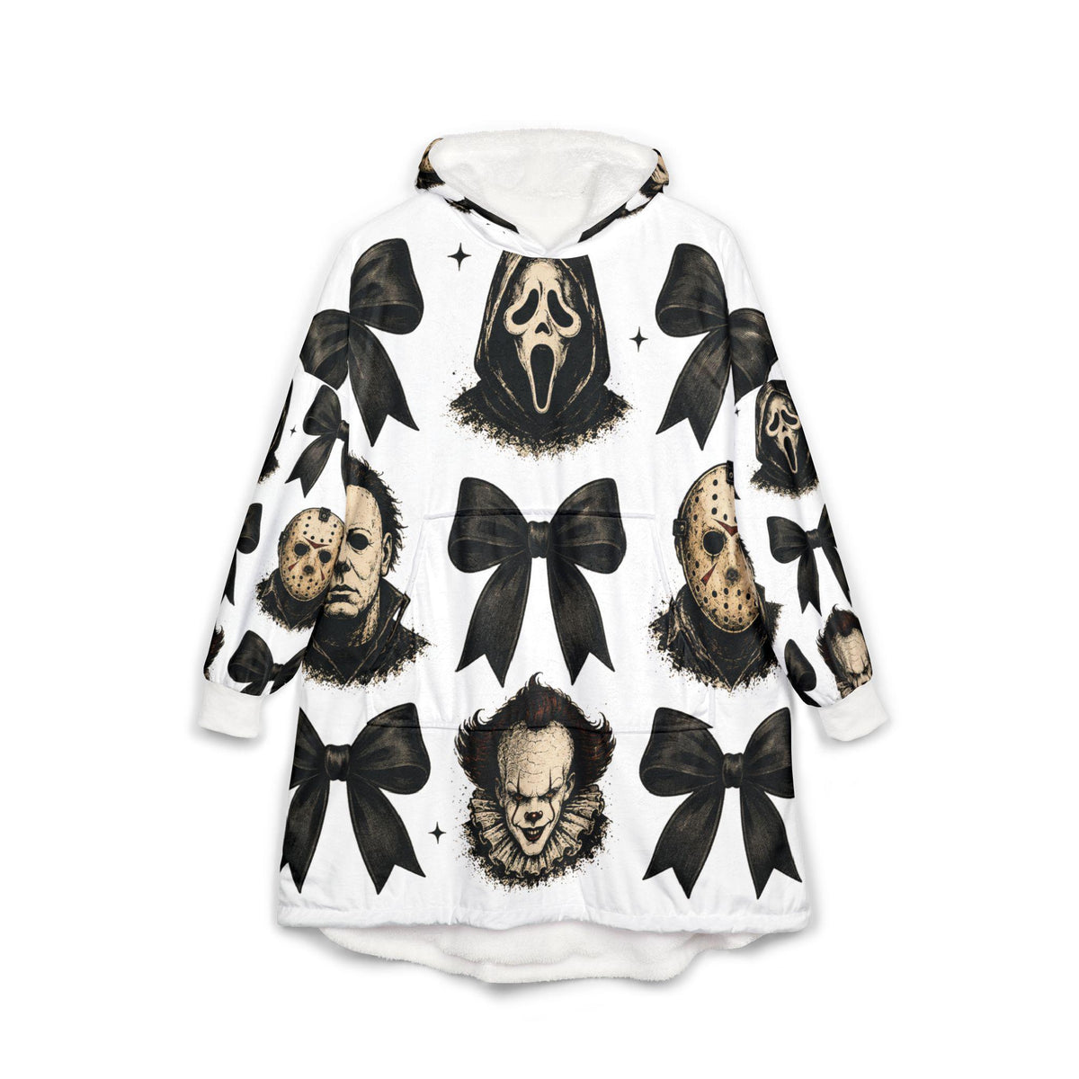 White hooded blanket featuring Ghostface Jason Voorhees Michael Myers and Pennywise masks with oversized black bow patterns