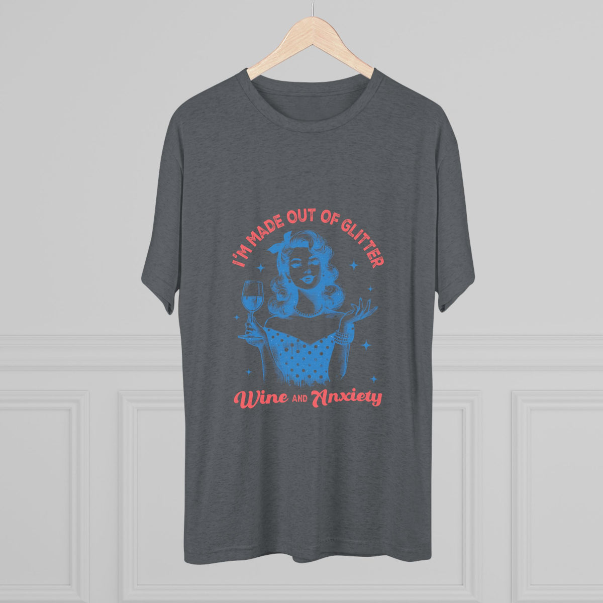 Printify dark gray womens fashion graphic tee featuring a retro pinup holding a wine glass with glitter wine and anxiety lettering in blue and red
