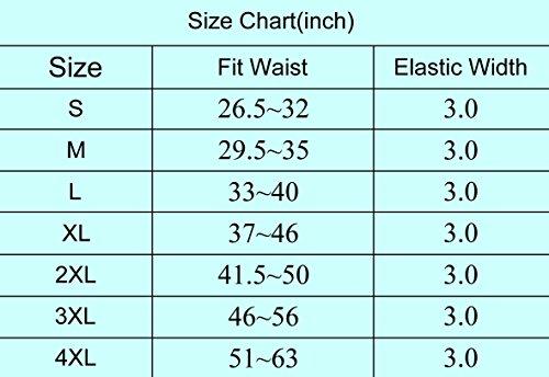 Women's belt size chart with fit waist ranges from 26.5 to 32 inches for size S through 51 to 63 inches for size 4XL. Elastic width is 3 inches for every size.