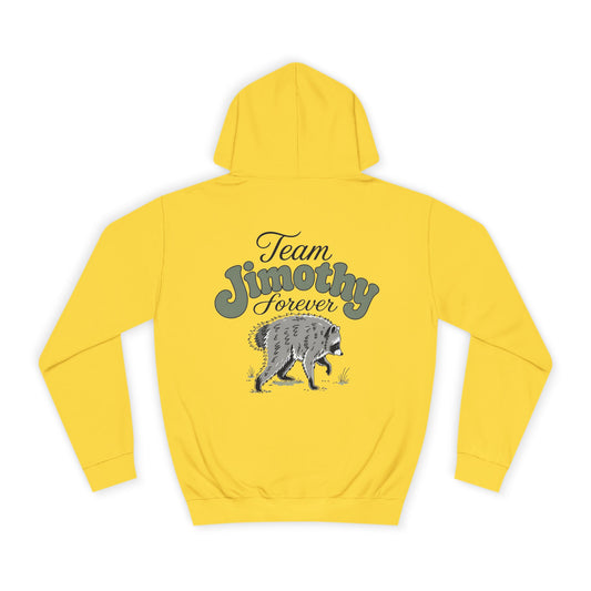 Yellow graphic hoodie with Team Jimothy Forever lettering and a wolf illustration on the back from Printify New Arrivals collection