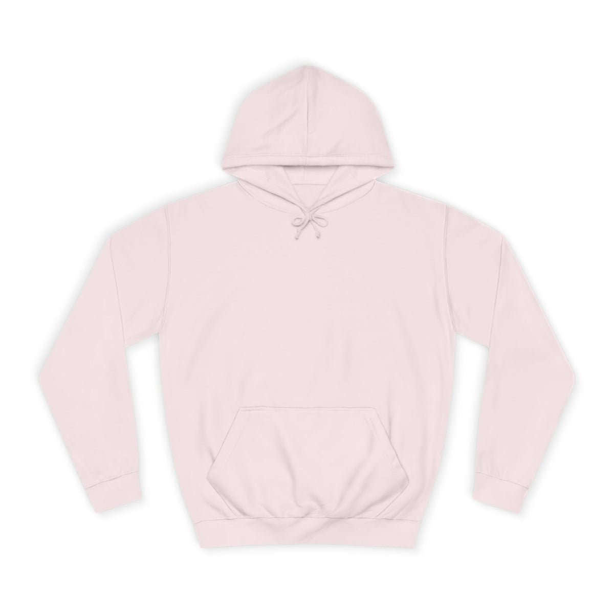 Light pink pullover hoodie with a drawstring hood long sleeves ribbed cuffs and a roomy kangaroo pocket shown flat for women's fashion outfits