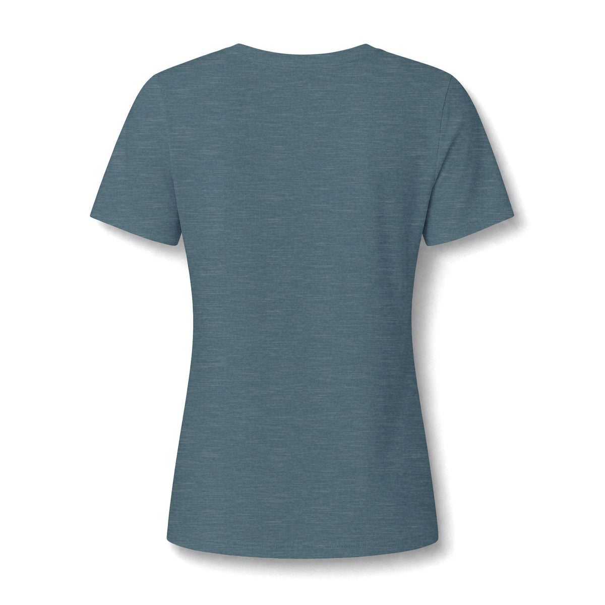 Back view of a heather blue women's short sleeve T shirt with a relaxed fit and gently curved hem against a white background