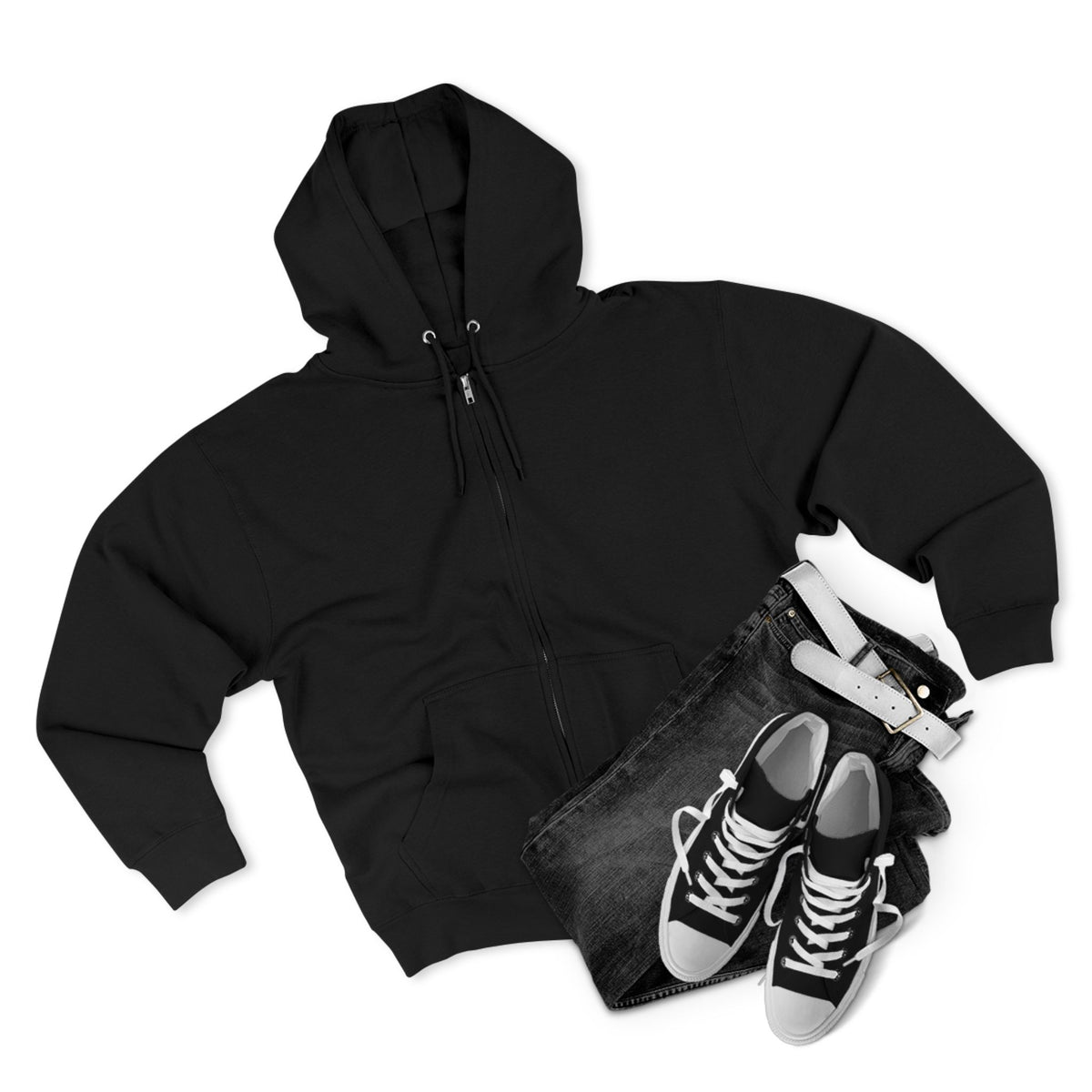 Black full zip hoodie styled with dark jeans and black and white lace up sneakers for a casual womens fashion outfit