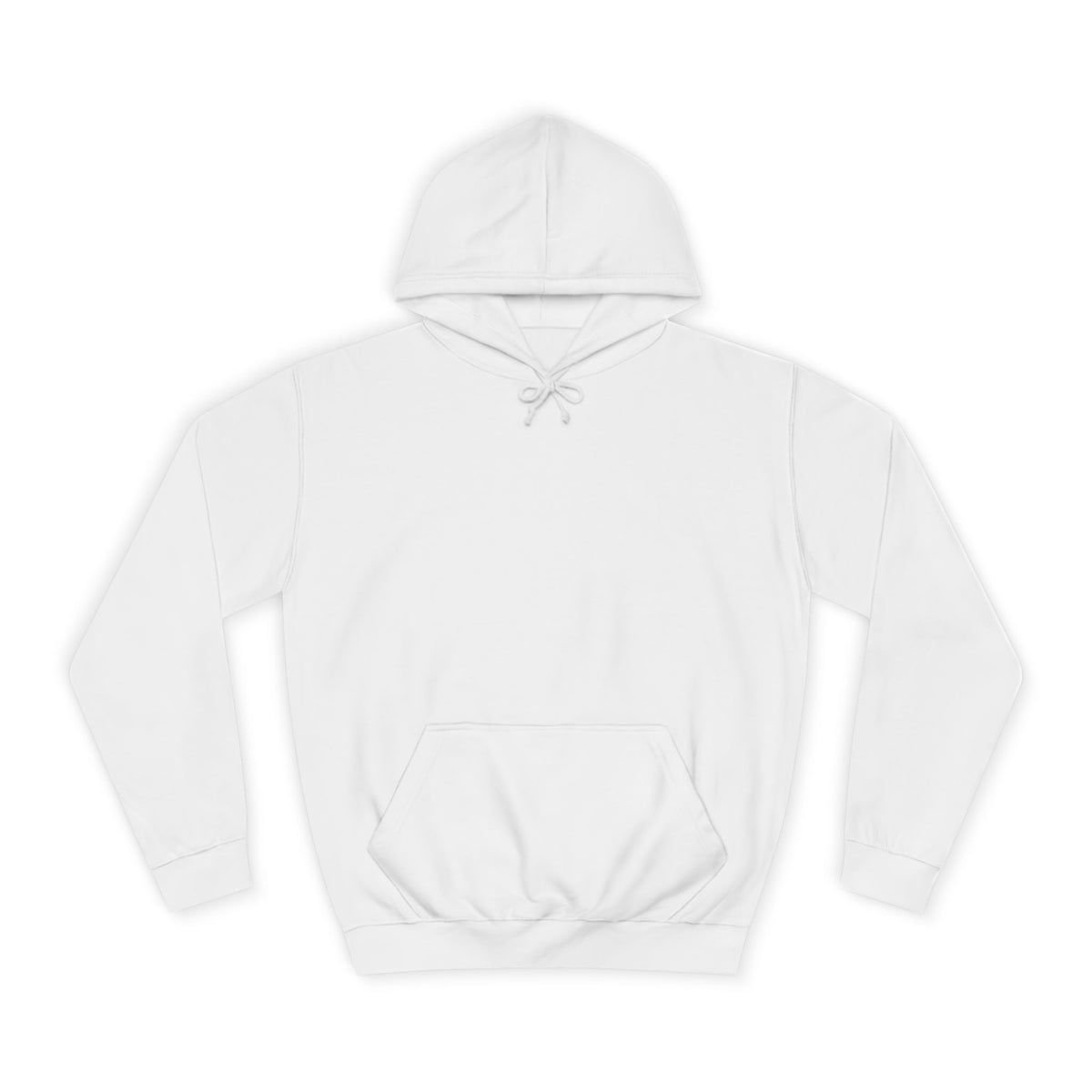 White pullover hoodie with a drawstring hood long sleeves and front kangaroo pocket displayed against a clean background