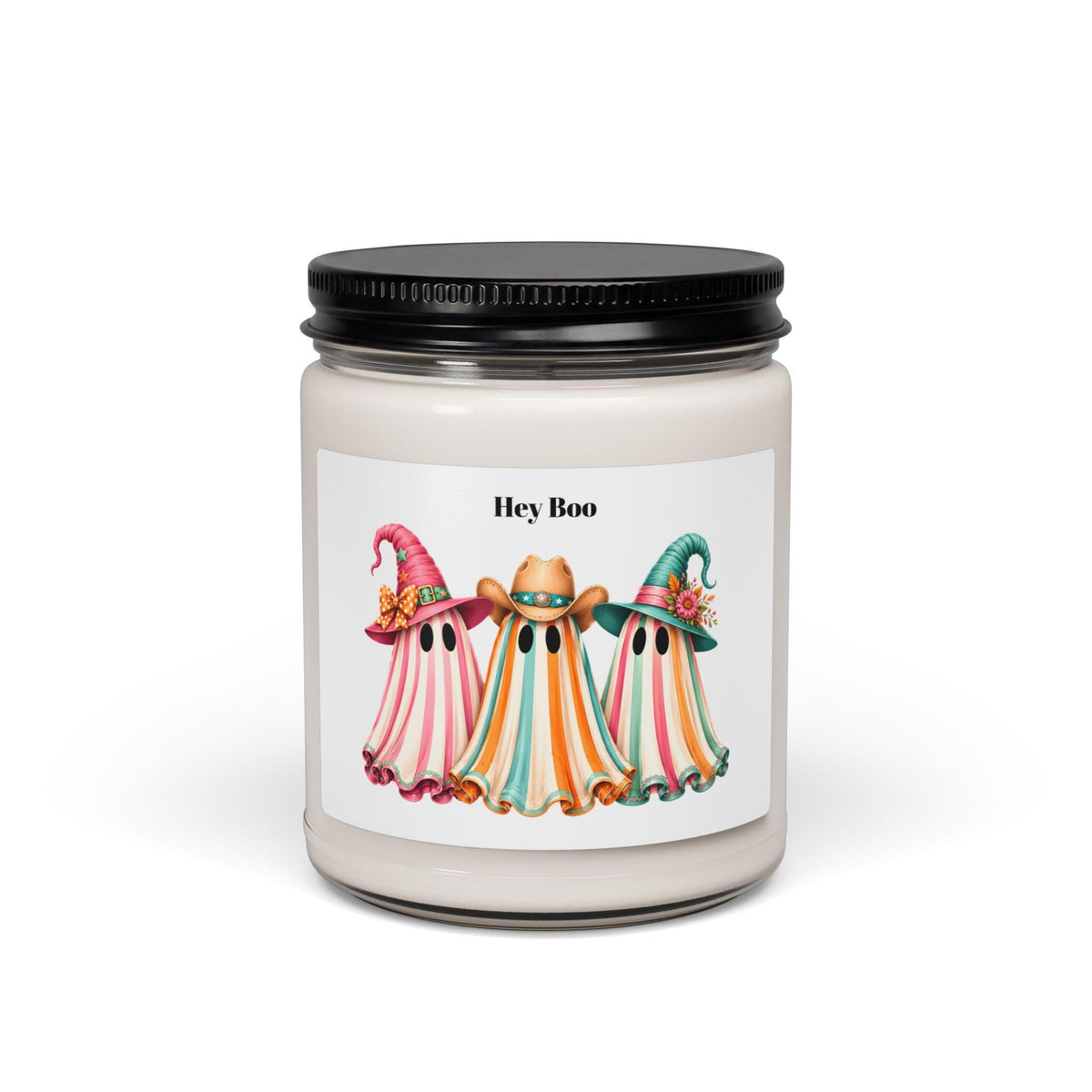 Scented soy candle in a glass jar featuring three colorful ghosts wearing cowboy hats and a playful Hey Boo label for seasonal home decor from Printify
