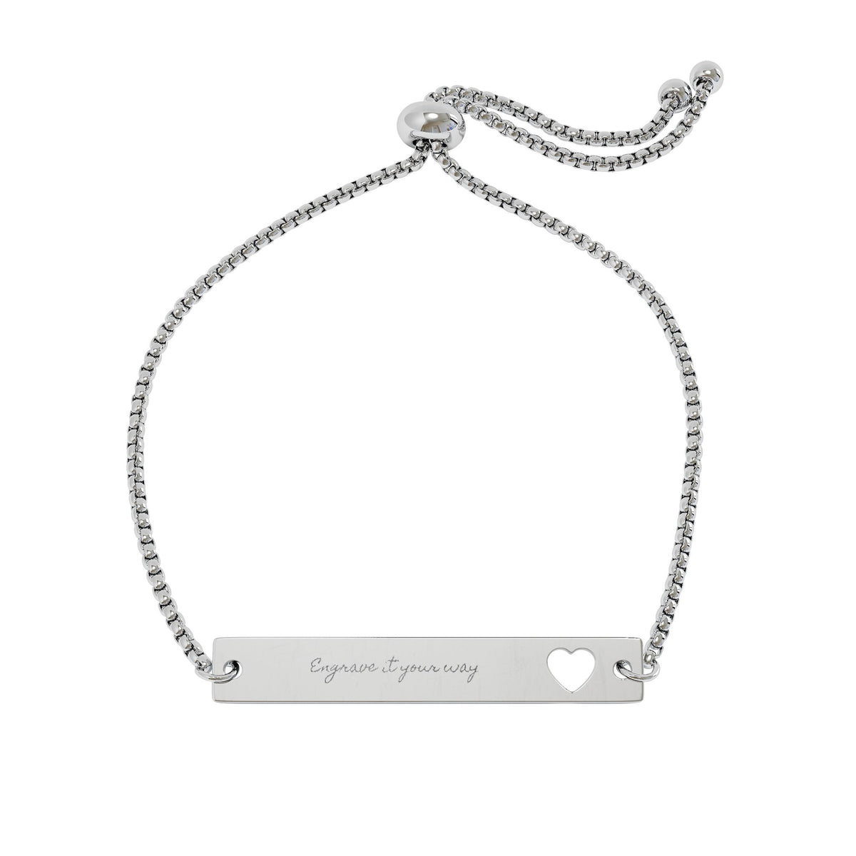 Adjustable silver bracelet with an engraved bar and heart cutout on a delicate chain for personalized women's jewelry