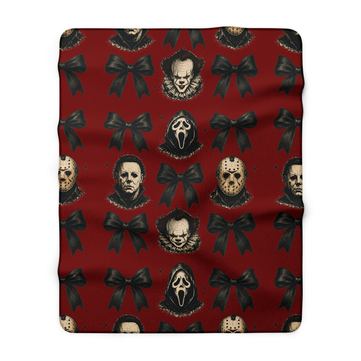 Vintage red sherpa blanket featuring repeating horror masks and black bow designs for darkly playful seasonal home decor