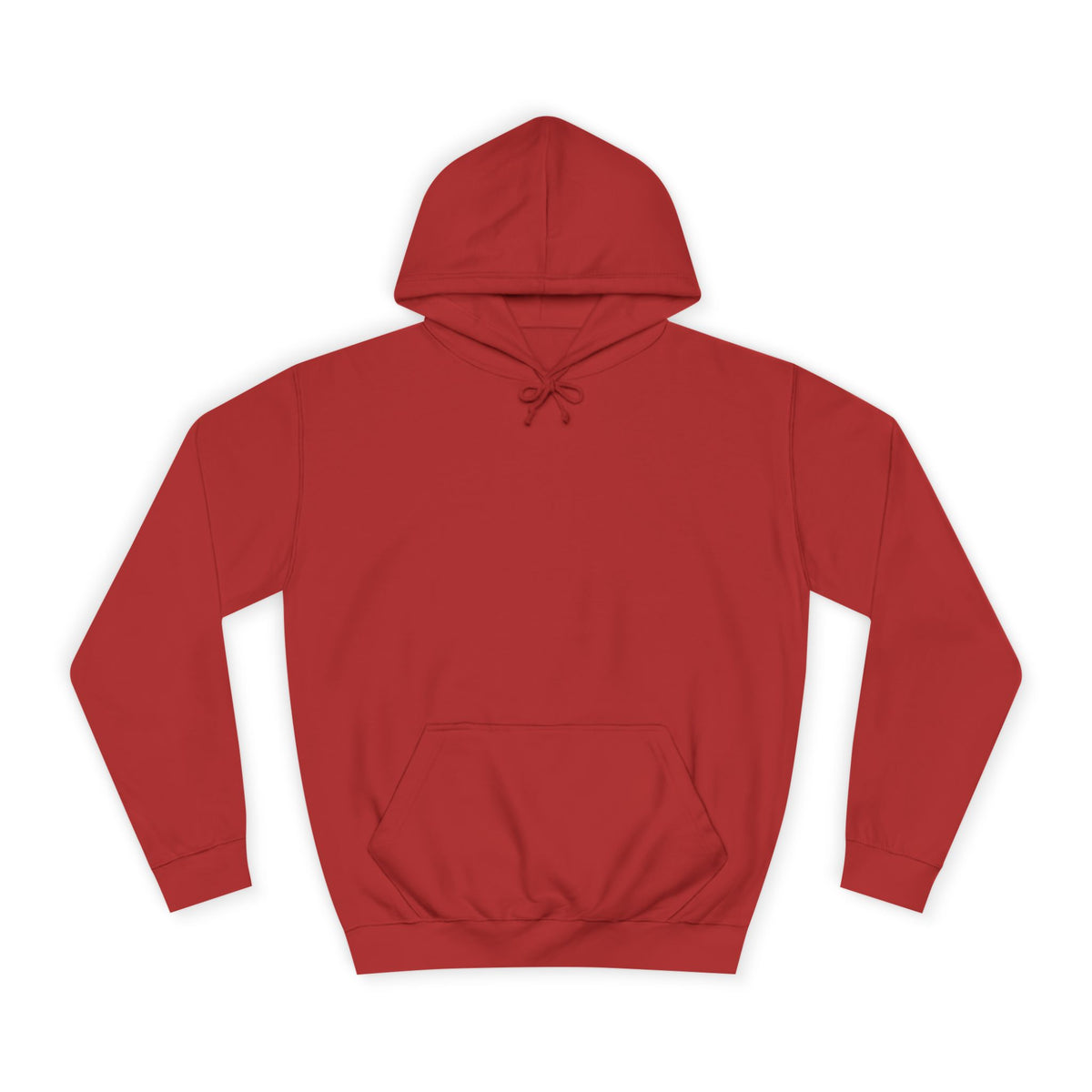 Red pullover hoodie with a drawstring hood long sleeves ribbed cuffs and a spacious kangaroo pocket shown against a white background