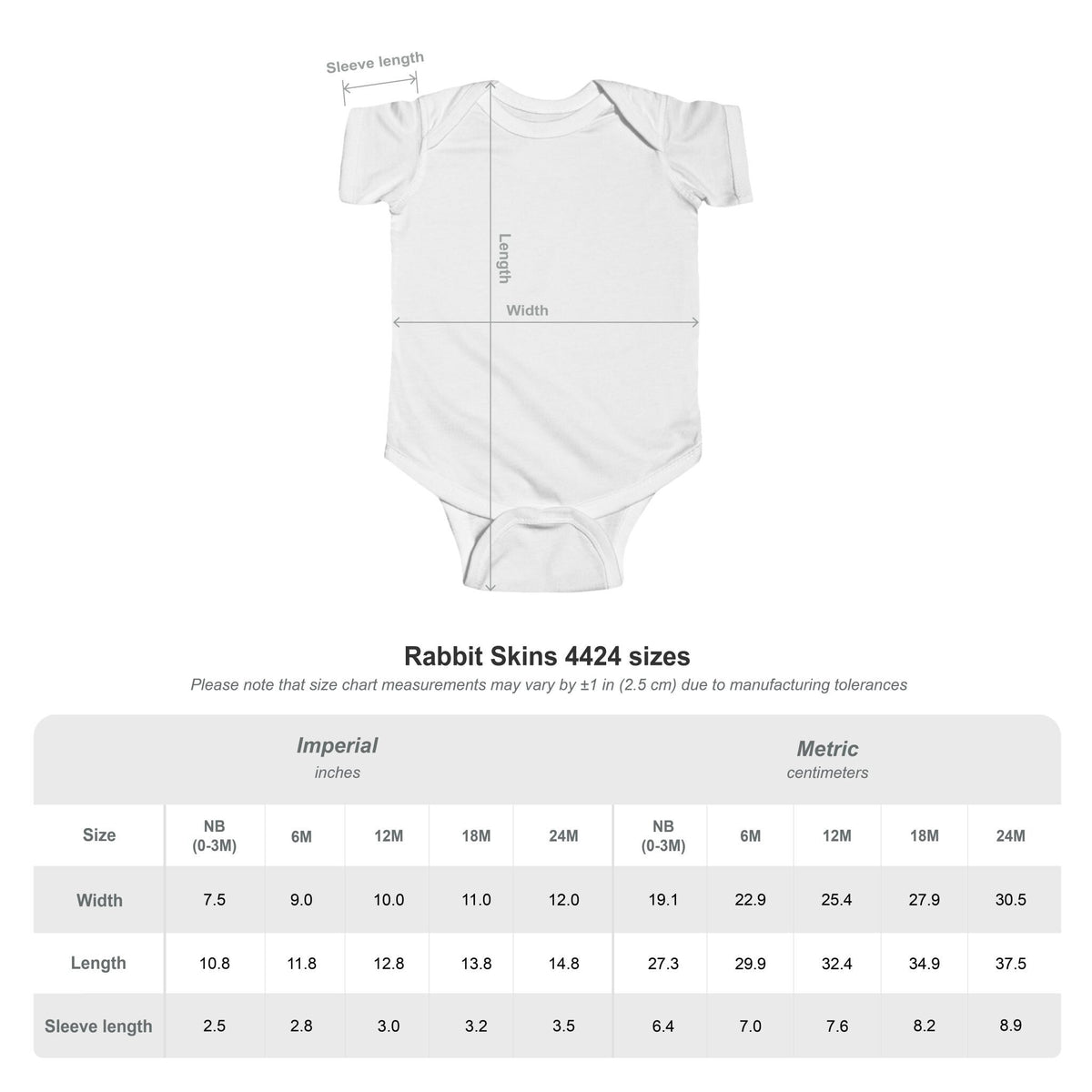White infant bodysuit size chart showing sleeve length width and length measurements for newborn to 24 month sizes from Drizzle and Tizzle Kids