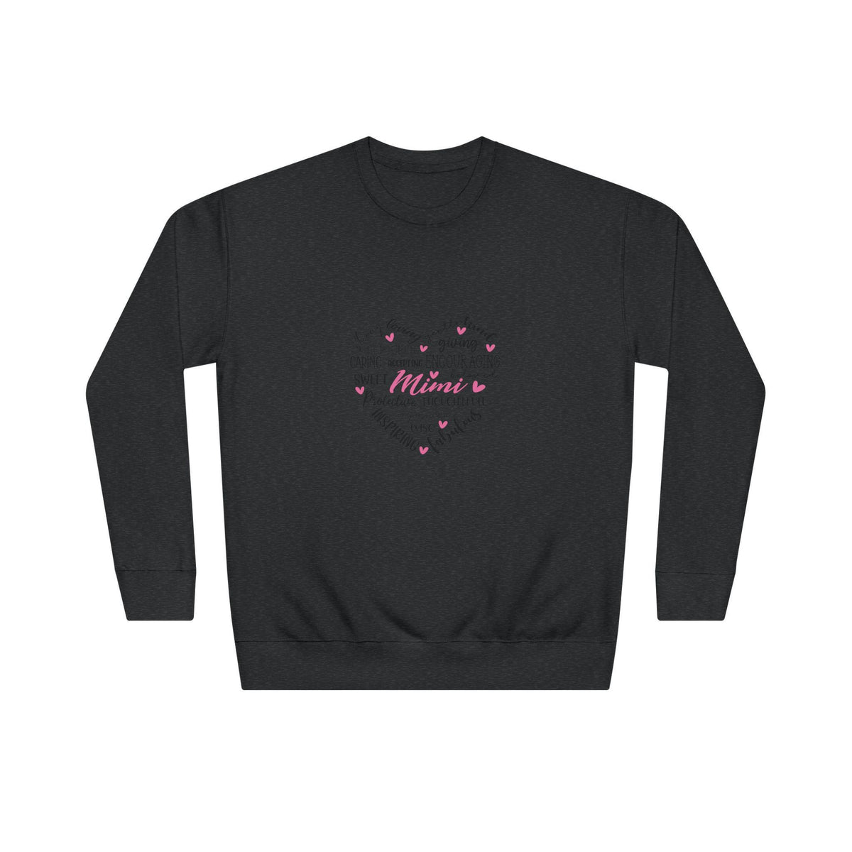 Black crewneck sweatshirt featuring pink handwritten Mum lettering surrounded by small hearts cozy womens fashion graphic apparel for mothers
