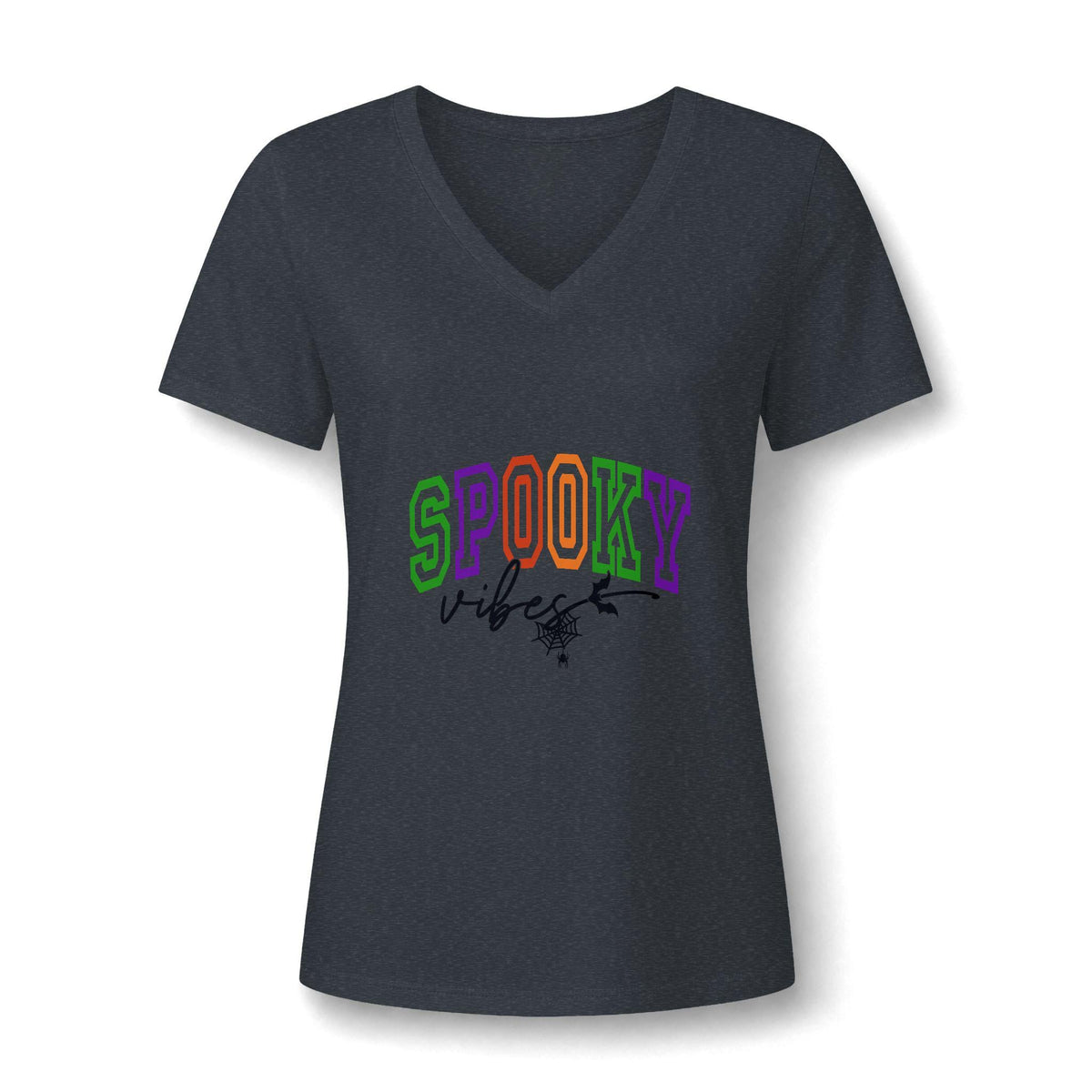 Dark charcoal womens V-neck graphic tee with colorful SPOOKY lettering and playful Halloween artwork from Drizzle and Tizzle