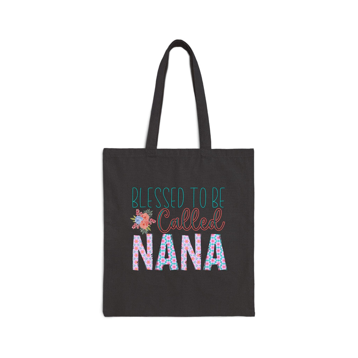 Black cotton canvas tote bag with long handles and colorful floral lettering reading Blessed to be Called Nana thoughtful gift for grandmothers