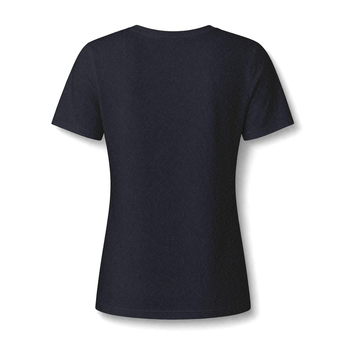 Black women's short sleeve T shirt with a relaxed fit and soft heather fabric, shown from the back against a clean white background