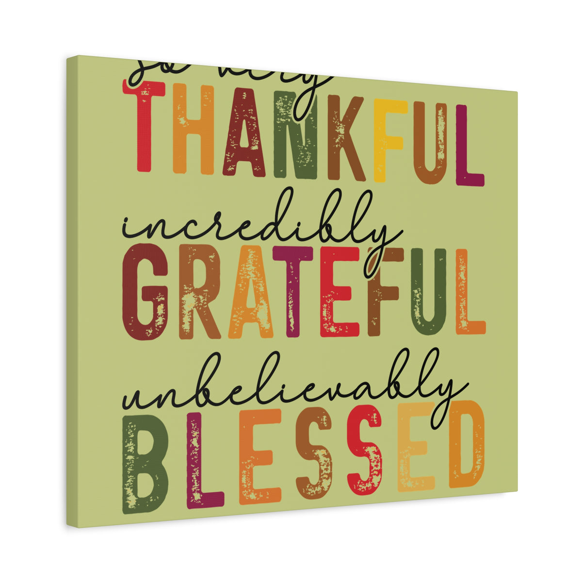 Distressed autumnal canvas wall art displaying Thankful Grateful Blessed in colorful vintage lettering from Printify for the Home and beyond collection