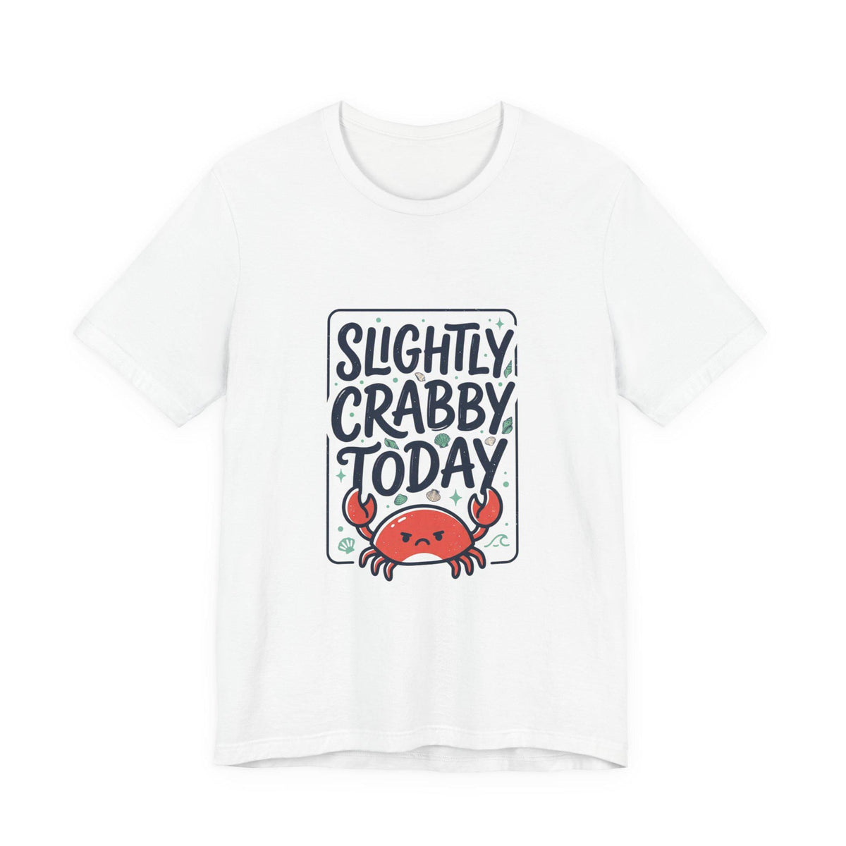 White womens graphic T shirt featuring Slightly Crabby Today lettering and a cheerful red cartoon crab design for coastal summer style