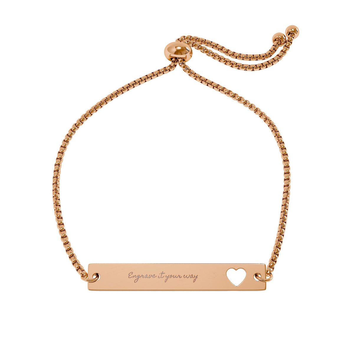 Rose gold adjustable bar bracelet with an engraved message and heart cutout on a delicate chain for personalized jewelry from Printify