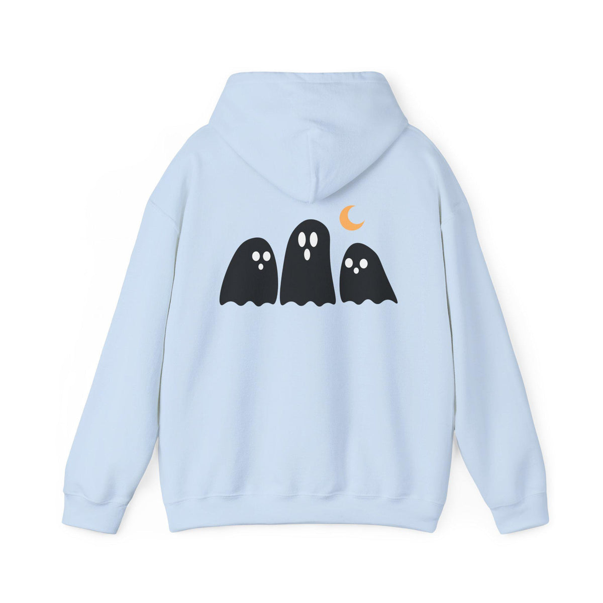 Light blue hoodie shown from the back with three playful black ghost figures and an orange crescent moon graphic for cozy seasonal fashion