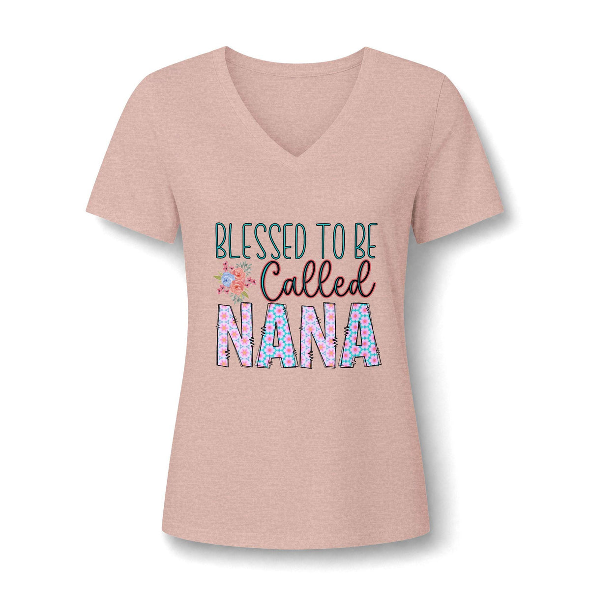Dusty rose heather V neck graphic tee with floral lettering that reads Blessed to Be Called Nana in a cheerful women's fashion style for proud grandmothers