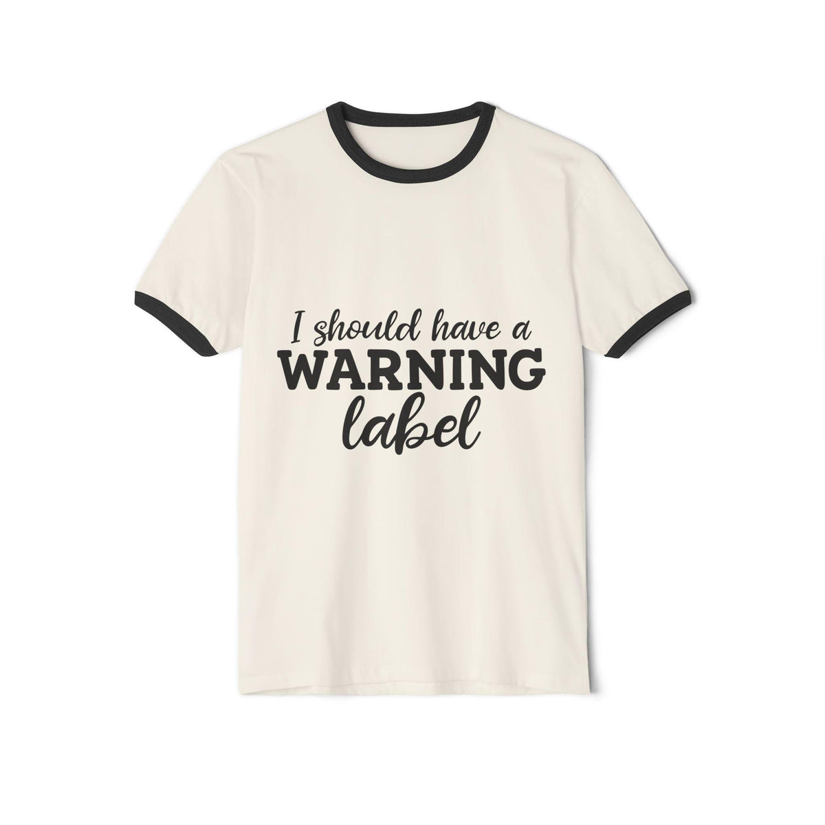 Cream vintage style ringer tee with contrasting black trim and bold I Should Have a Warning Label graphic lettering from Drizzle and Tizzle