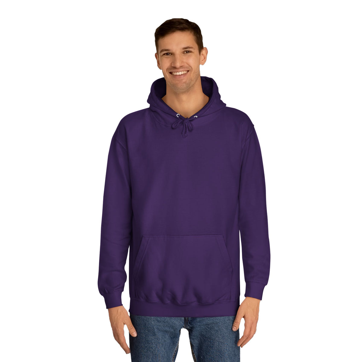 Front view of a man wearing a solid purple pullover hoodie with drawstrings ribbed cuffs and a roomy kangaroo pocket