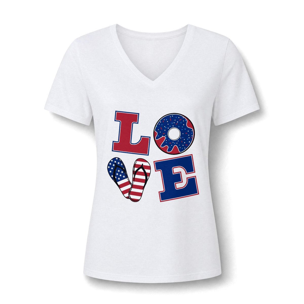 White womens V neck graphic tee featuring patriotic LOVE lettering with red, white, and blue American flag patterns in the heart and donut shaped O designs