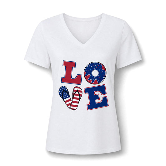 White womens V neck graphic tee featuring patriotic LOVE lettering with red, white, and blue American flag patterns in the heart and donut shaped O designs