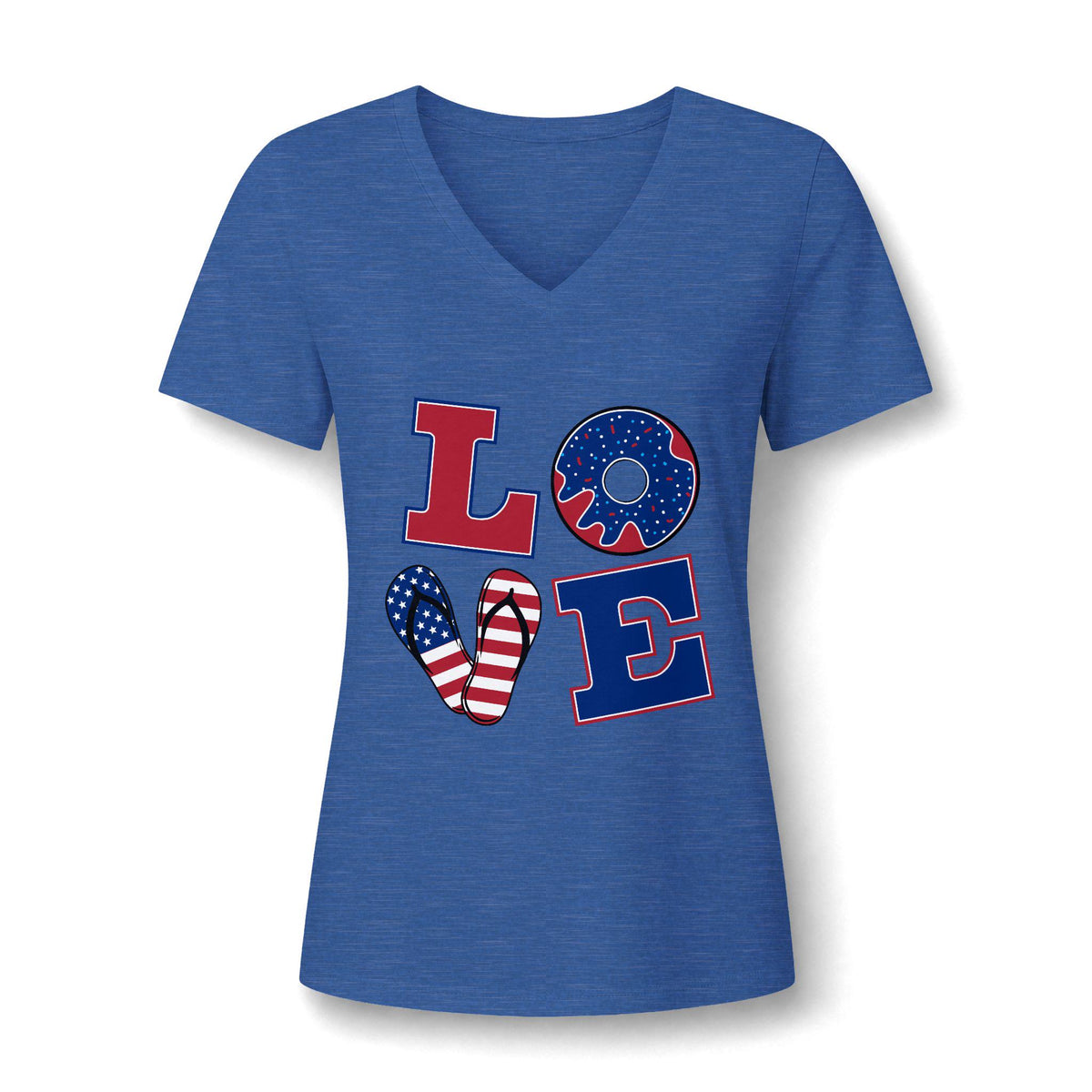 Women's blue V neck graphic tee featuring LOVE lettering with a patriotic donut and heart design in red white and blue for casual summer style