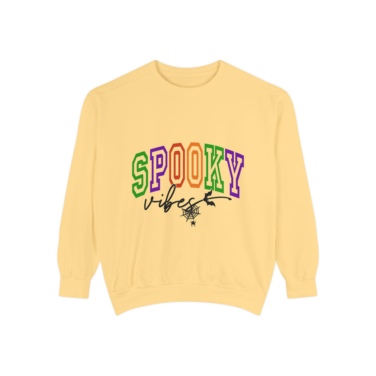 Yellow sweatshirt featuring colorful varsity lettering that reads SPOOKY vibes with a small spider web and witch hat graphic for festive seasonal style