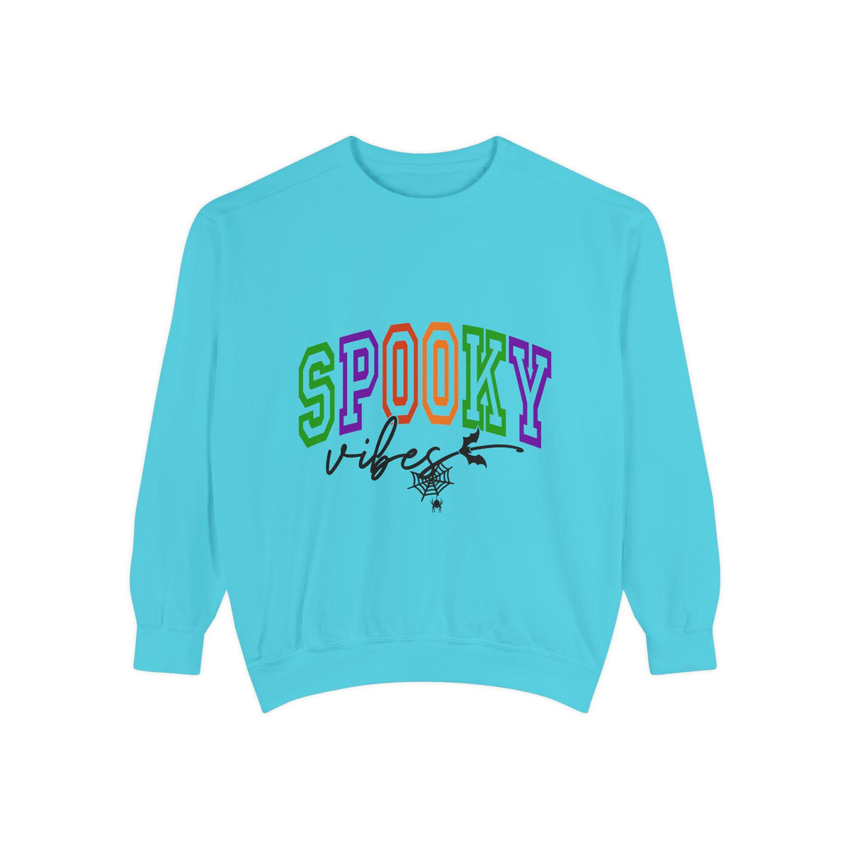 Turquoise cozy sweatshirt with colorful vintage style Spooky lettering and a black spider web graphic for seasonal women's fashion and Halloween outfits