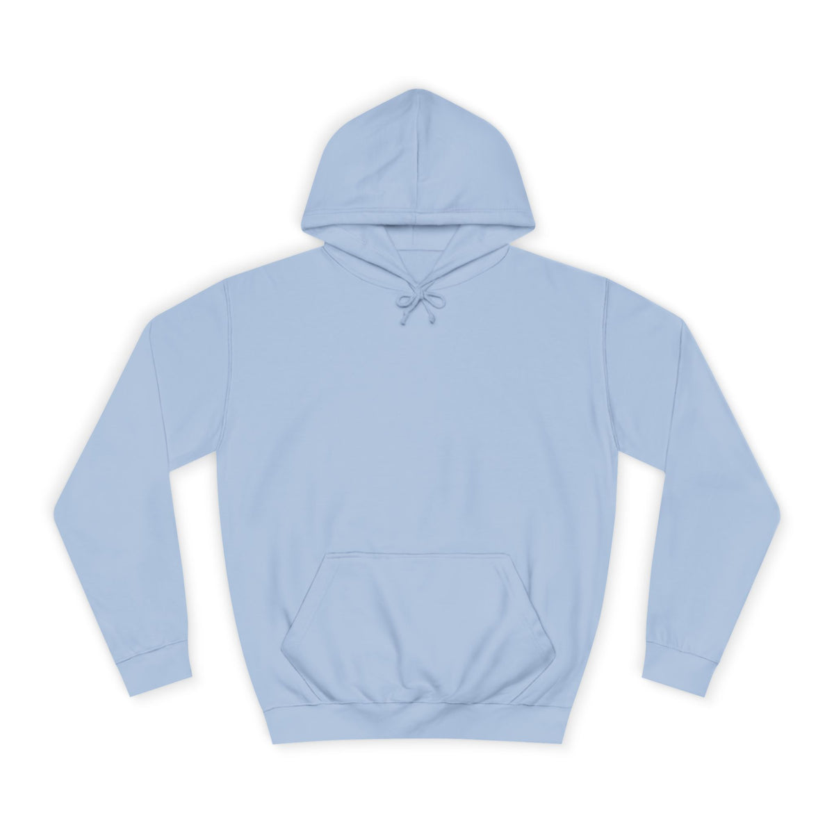 Light blue pullover hoodie with drawstring hood long sleeves ribbed cuffs and hem and front kangaroo pocket on a white background