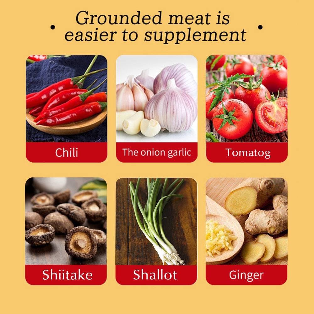 Infographic showing chili peppers garlic tomatoes shiitake mushrooms shallots and ginger with text about grounded ingredients being easier to supplement