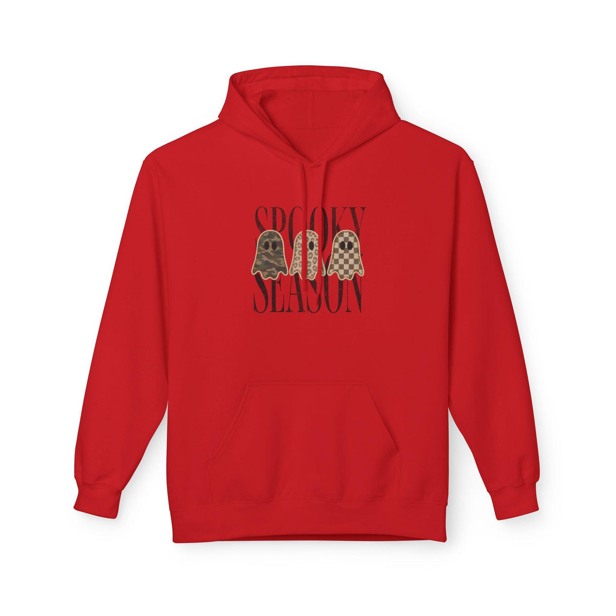Red spooky season graphic hoodie featuring two vintage style ghosts and bold lettering on the front for cozy fall fashion lovers
