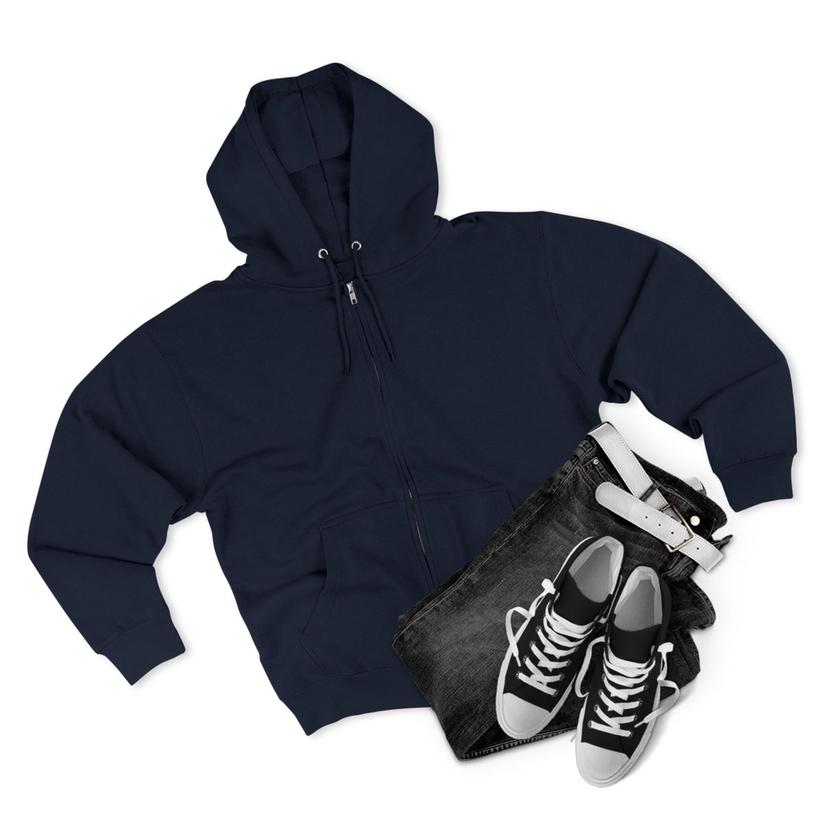 Navy full zip hoodie paired with black jeans and black and white sneakers for a casual women's fashion look from Drizzle and Tizzle