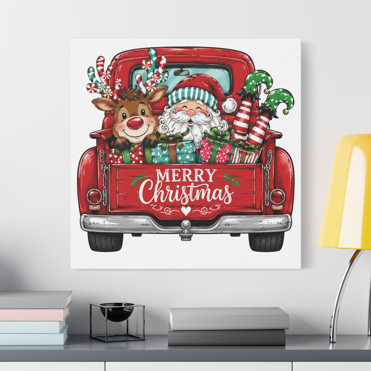 Christmas Truck Canvas - "Merry Christmas" Santa & Reindeer Holiday Wall Art
