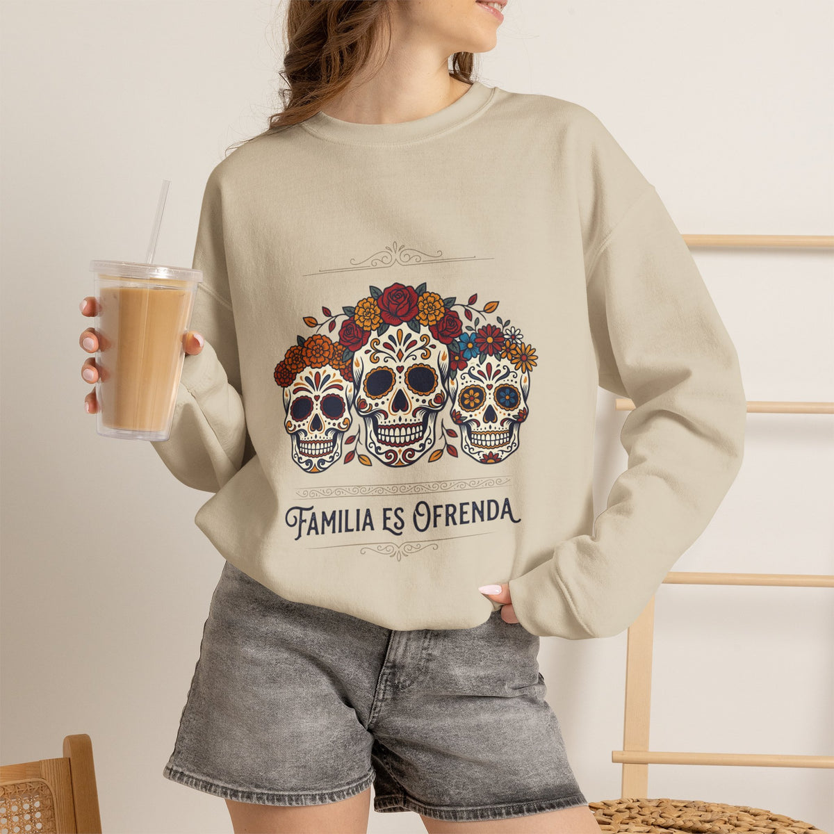 Familia Es Ofrenda Sugar Skulls Sweatshirt | Día de los Muertos crewneck