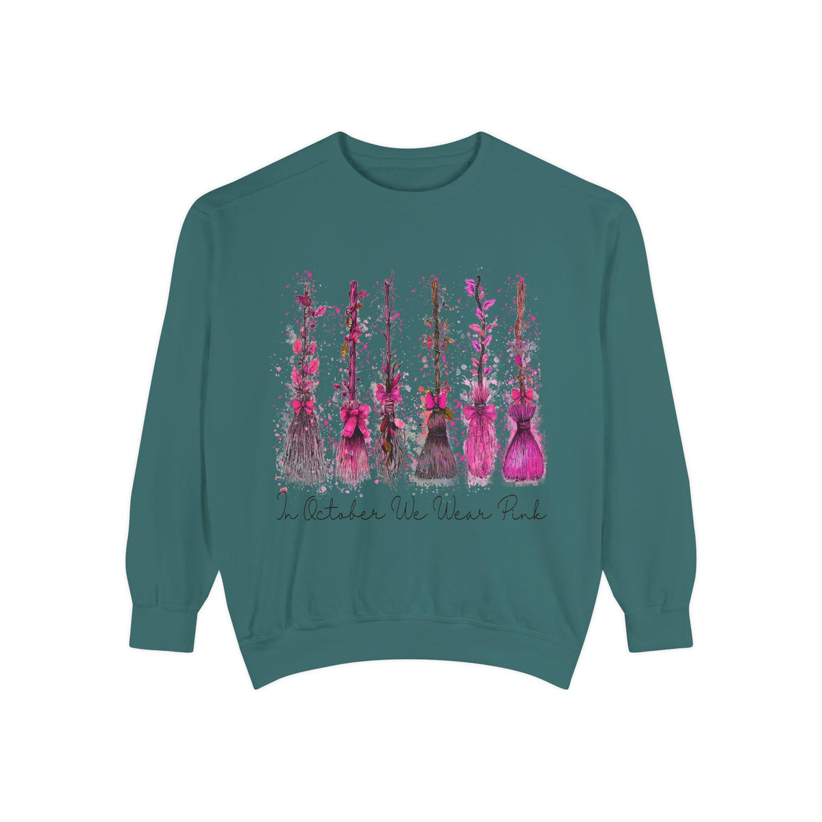 Teal crewneck sweatshirt featuring a hand painted pink floral graphic and inspirational script for a stylish Breast Cancer Awareness look for women