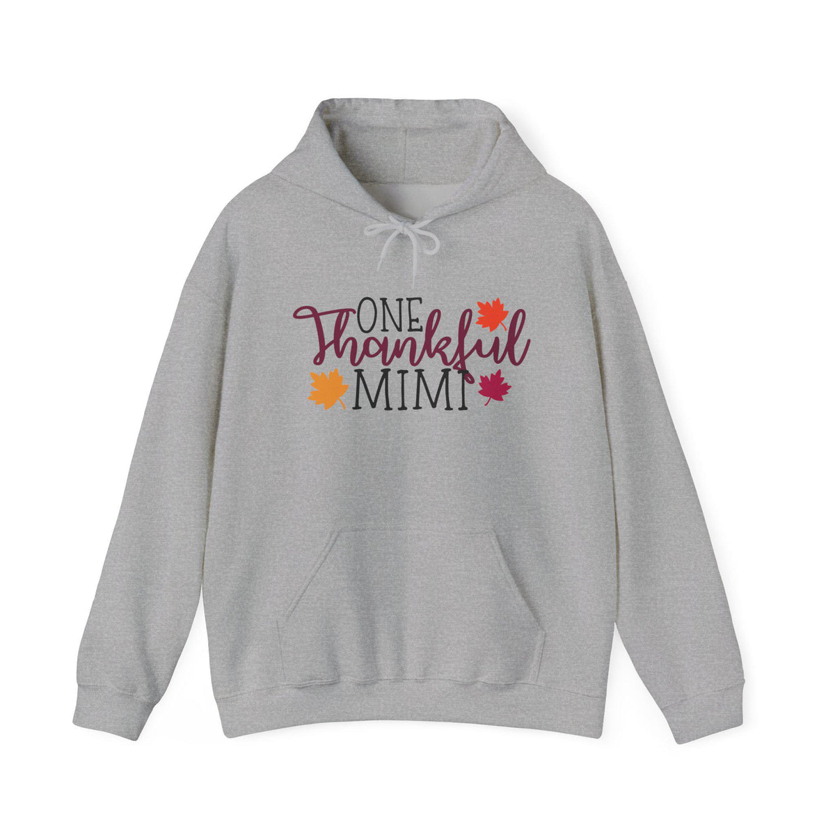 Gray hooded sweatshirt featuring One Thankful Mimi lettering with colorful autumn leaves and a front kangaroo pocket for cozy fall style
