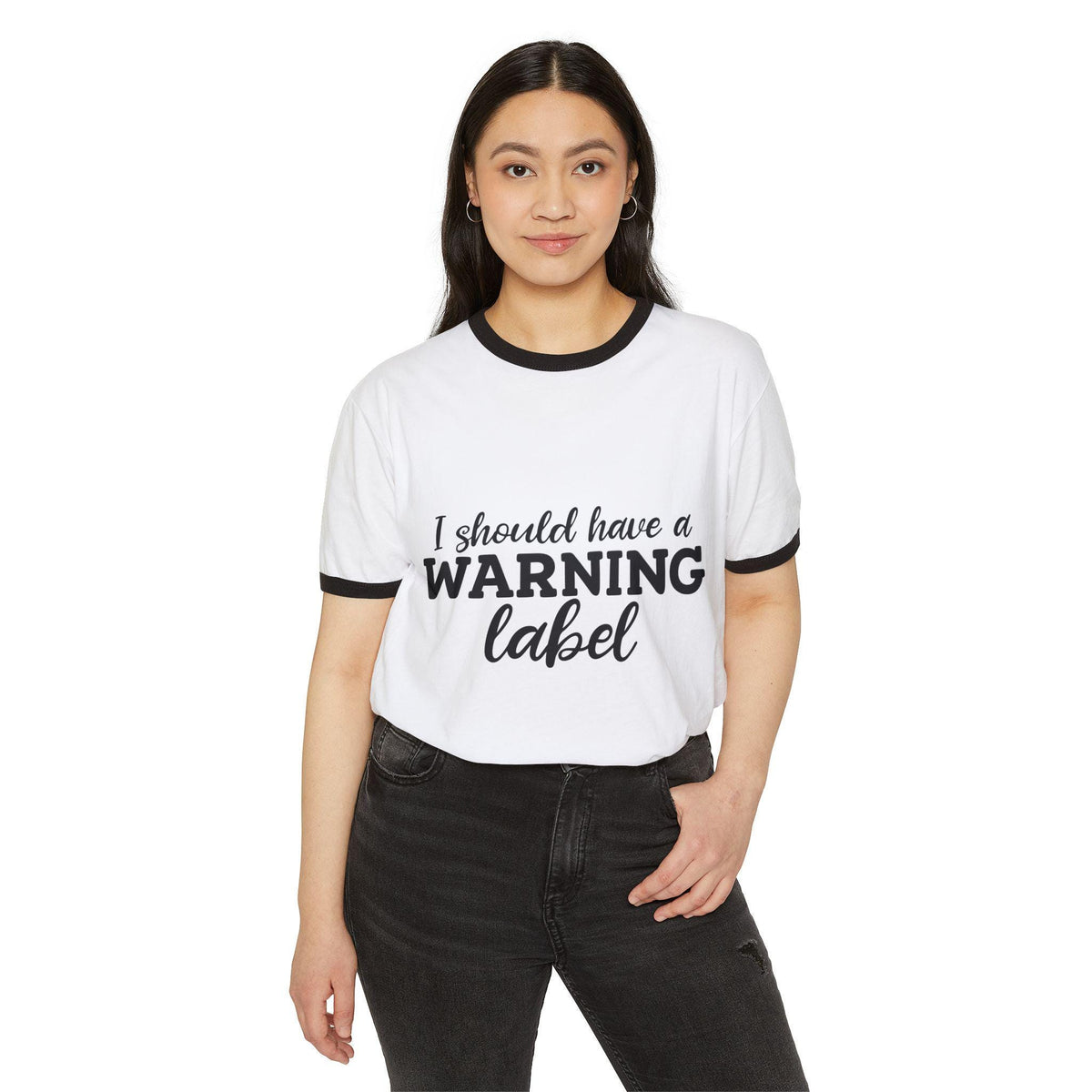 Woman modeling a white ringer tee with black trim and I should have a warning label graphic from Drizzle and Tizzle vintage graphic tees and sweaters