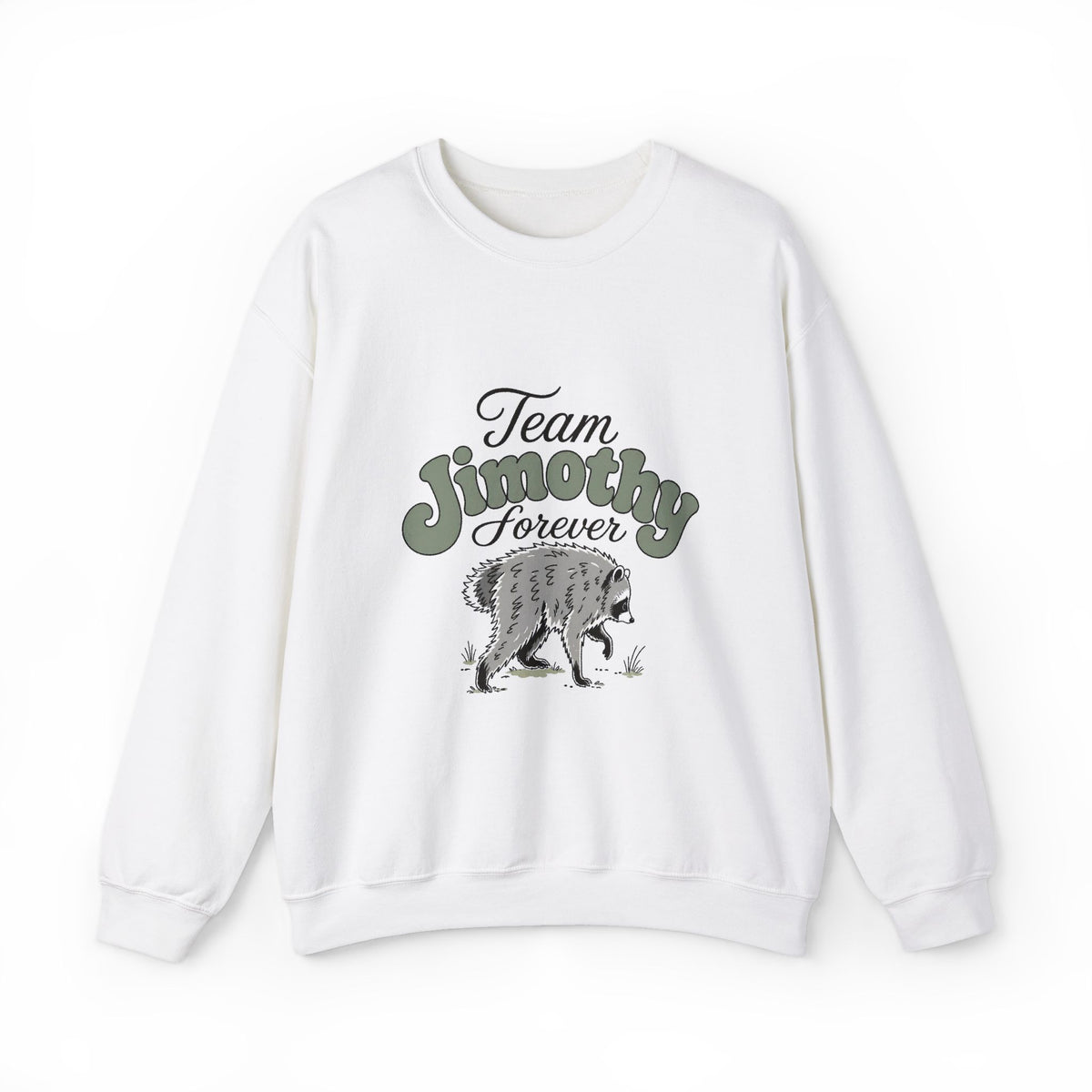 White crewneck sweatshirt with Team Jimothy Forever vintage raccoon graphic from Printify Vintage Graphic Tees and Sweaters