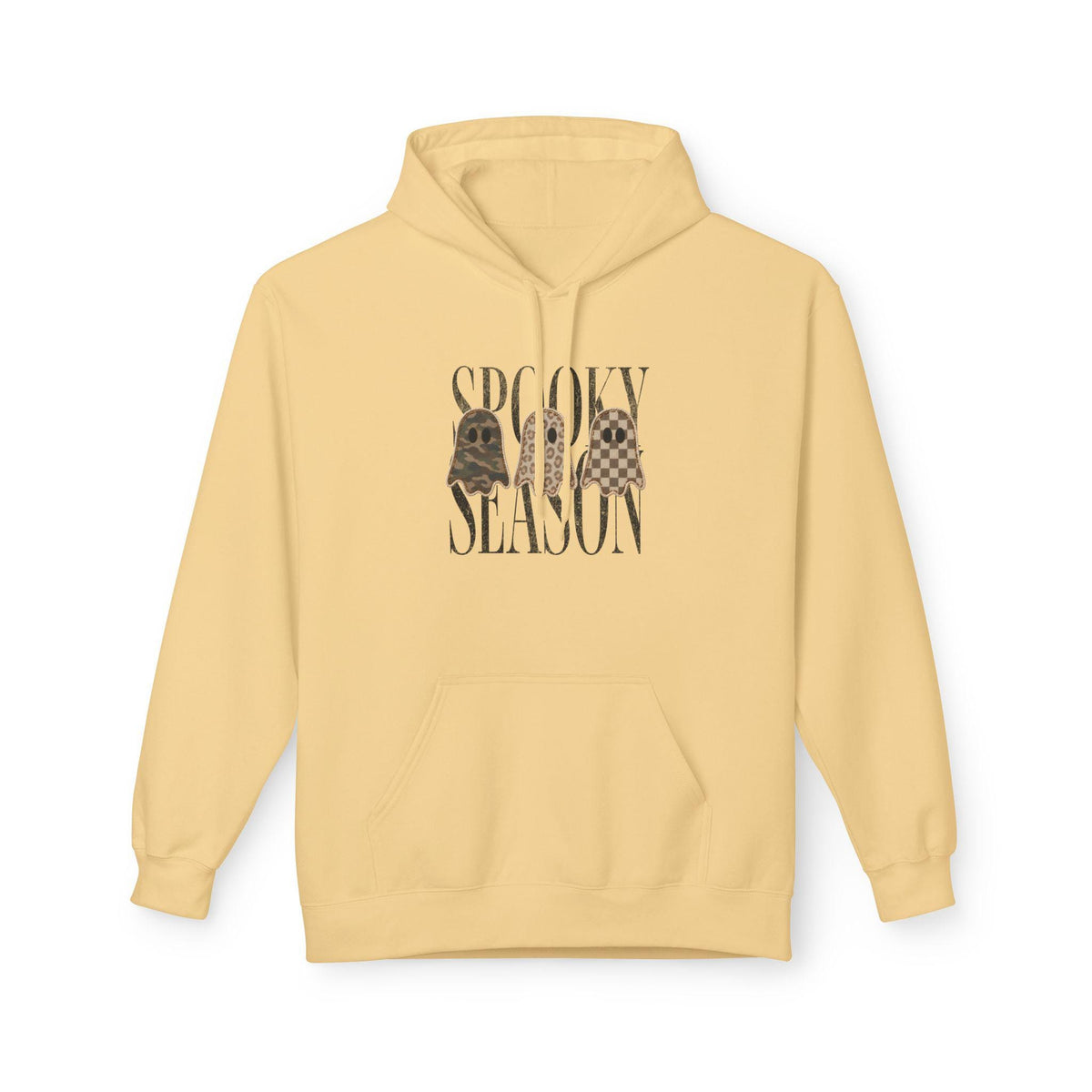 Yellow graphic hoodie featuring three ghost figures and bold Spooky Season lettering for cozy fall Halloween style and women's fashion online