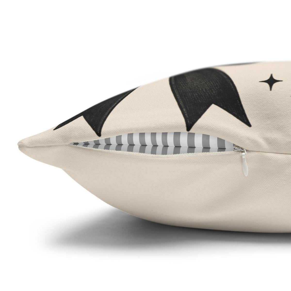 Cream square pillowcase featuring a black horror mask and star pattern with a visible zipper for seasonal home decor by Printify