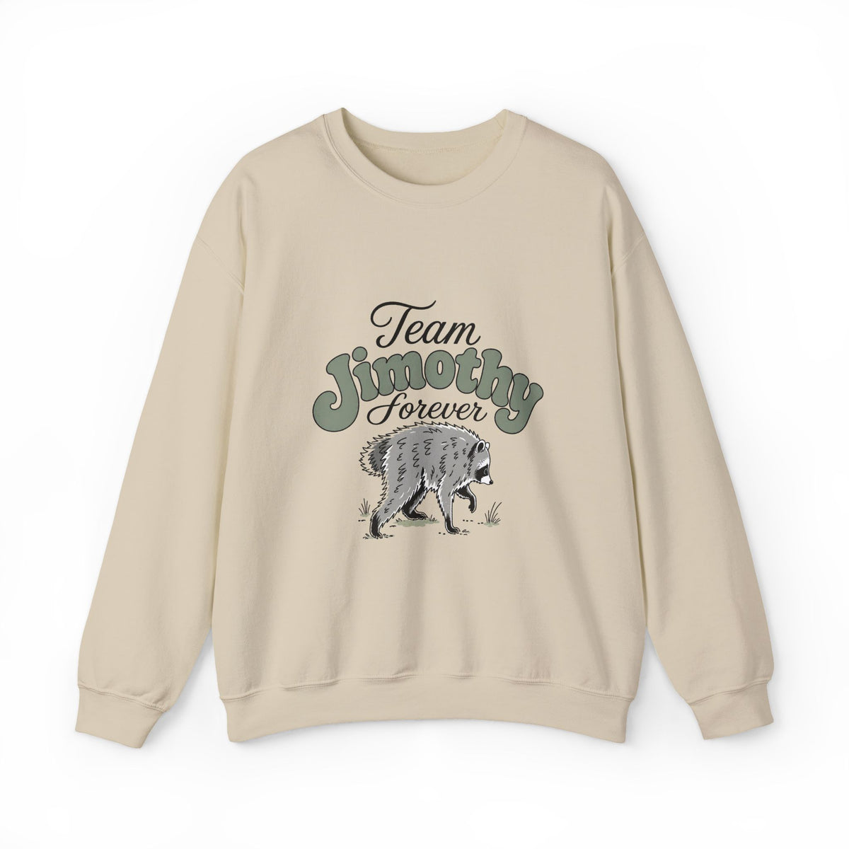 Cream crewneck sweatshirt with Team Jimothy Forever lettering and vintage raccoon graphic from Printify in the Vintage Graphic Tees and Sweaters collection