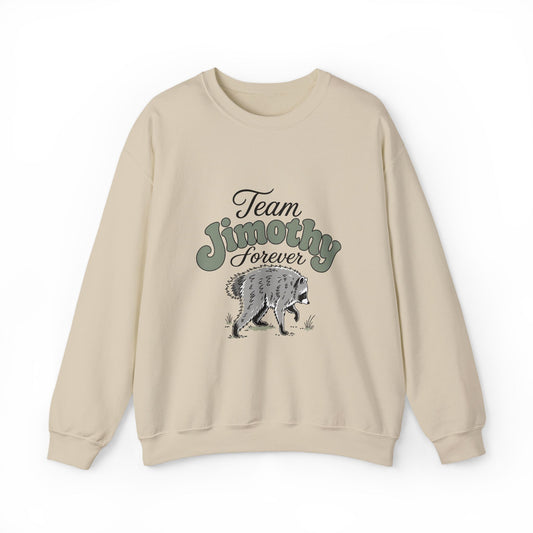 Cream crewneck sweatshirt with Team Jimothy Forever lettering and vintage raccoon graphic from Printify in the Vintage Graphic Tees and Sweaters collection