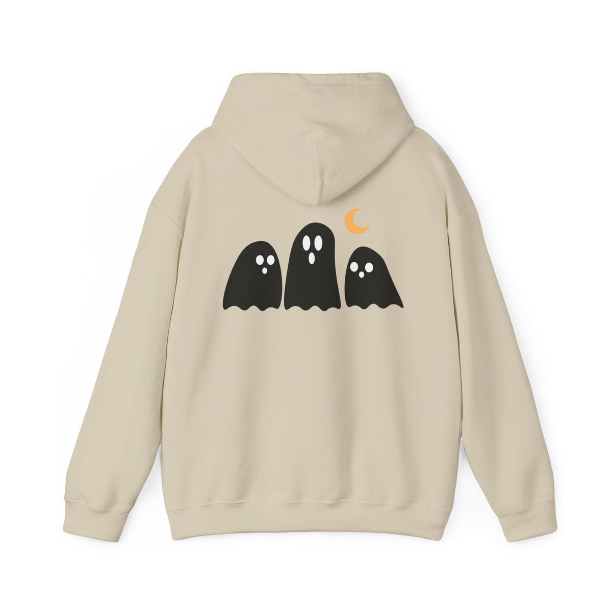 Beige hoodie shown from the back with three black ghost illustrations and an orange crescent moon for a cozy Halloween graphic fashion look