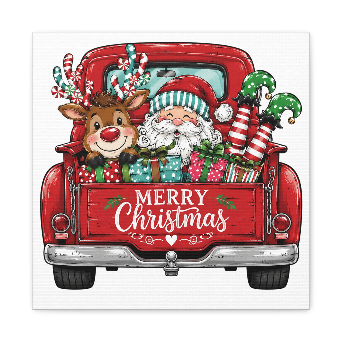 Christmas Truck Canvas - "Merry Christmas" Santa & Reindeer Holiday Wall Art